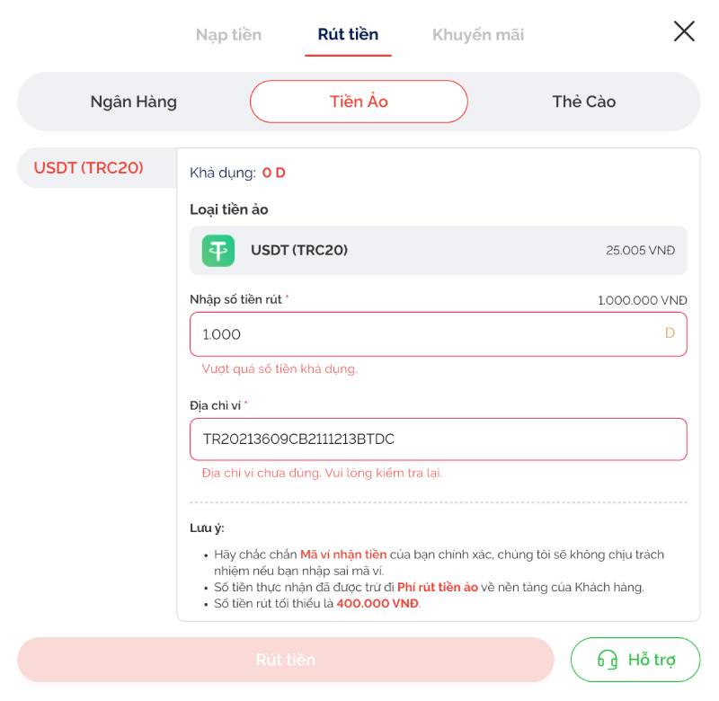 nhap dia chi vi va so tien